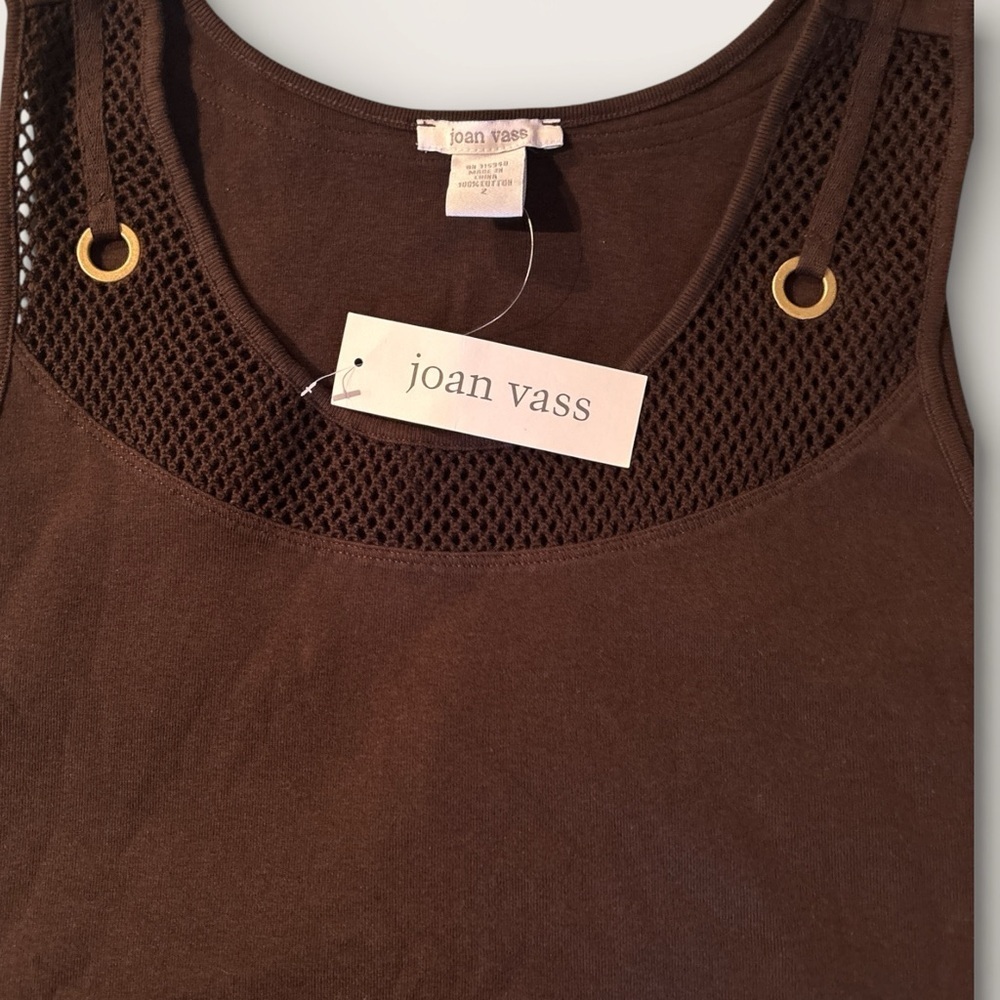 Joan Vass Dark Brown Sleeveless Tank with Mesh Yoke & Gold Eyelets - Picture 4 of 7